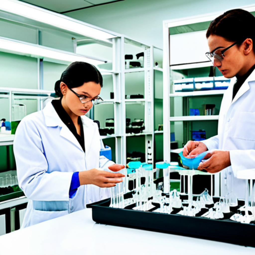 **Prompt:** A modern laboratory showcasing enzymatic deacetylation of chitin, with scientists in lab coats examining chitosan flakes. Focus on sustainable production methods with minimal chemical use. The setting includes advanced equipment and a bright, clean environment, emphasizing environmental friendliness.