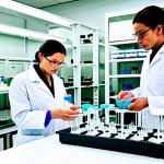 **Prompt:** A modern laboratory showcasing enzymatic deacetylation of chitin, with scientists in lab coats examining chitosan flakes. Focus on sustainable production methods with minimal chemical use. The setting includes advanced equipment and a bright, clean environment, emphasizing environmental friendliness.