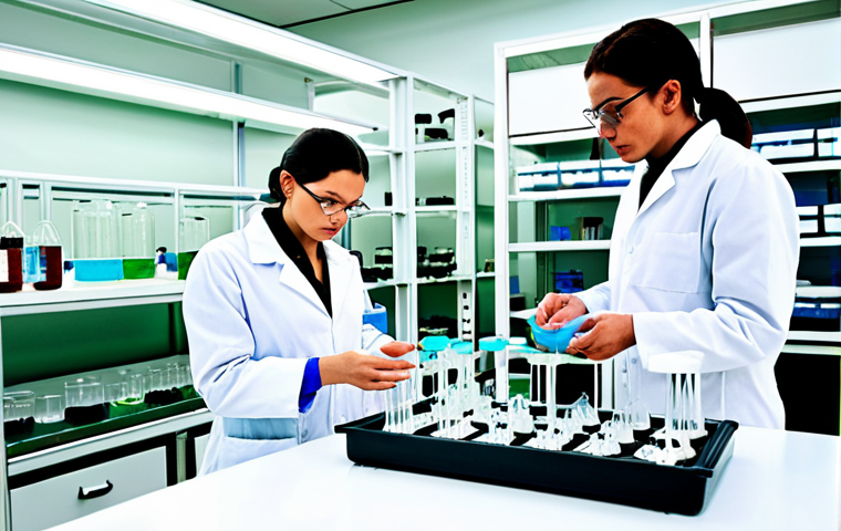 **Prompt:** A modern laboratory showcasing enzymatic deacetylation of chitin, with scientists in lab coats examining chitosan flakes. Focus on sustainable production methods with minimal chemical use. The setting includes advanced equipment and a bright, clean environment, emphasizing environmental friendliness.